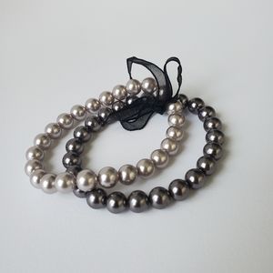 RMN Vintage Faux Pearl Bracelet Grey Tones with Black Sheer Ribbon Stretch